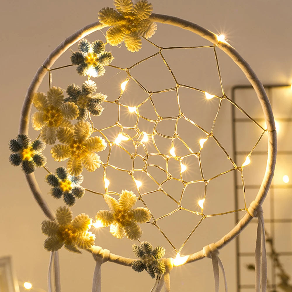 

Butterfly Flower Dream Catcher Wall Hanging Ornament Home Decoration With LED Lights Handmade White Feather Braided Wind Chimes