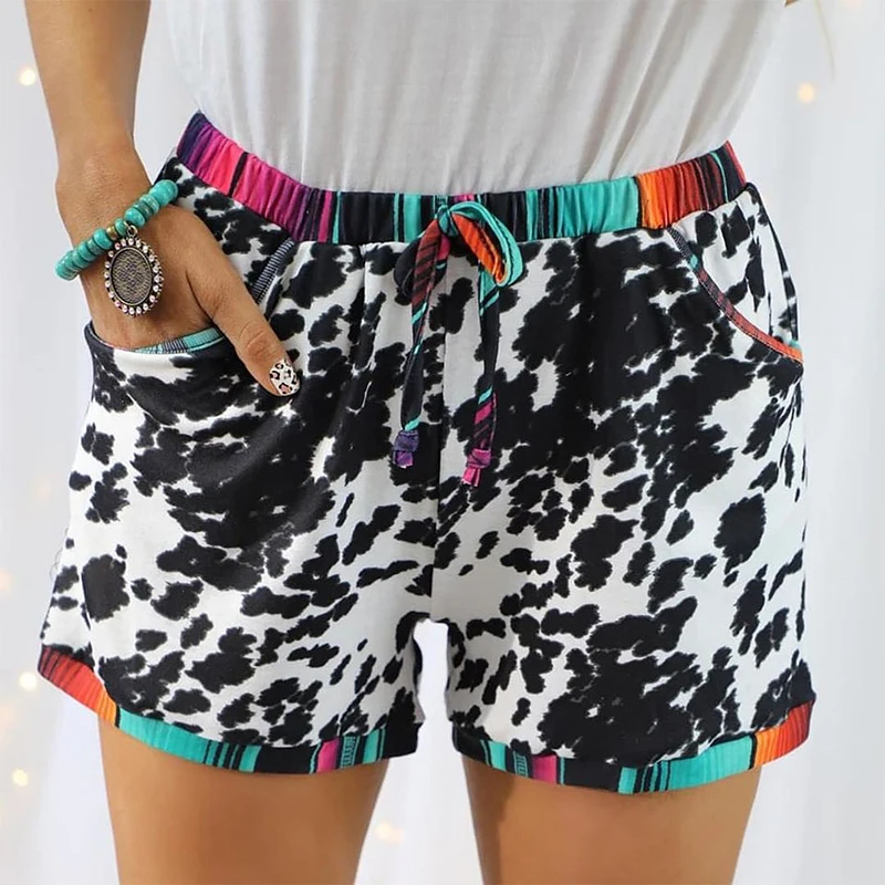 Women‘s Drawstring Leopard Print Stitching Sports Leisure 3-Point Ladies Shorts