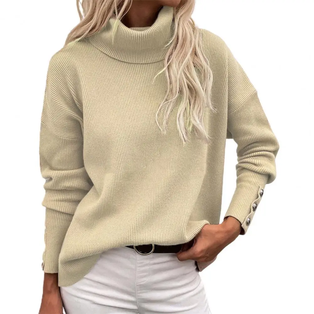 

Jersey de punto de manga larga para mujer, jersey de cuello alto con botones, Color liso,G28 ropa de otoño e invierno