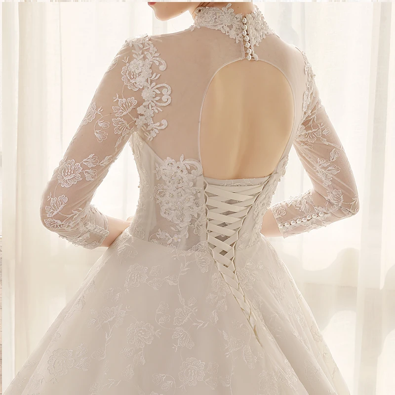 

SL6813 plus size ball gown wedding dress long sleeve high neck sequins illusion bodice appliques lace tulle bridal dresses women