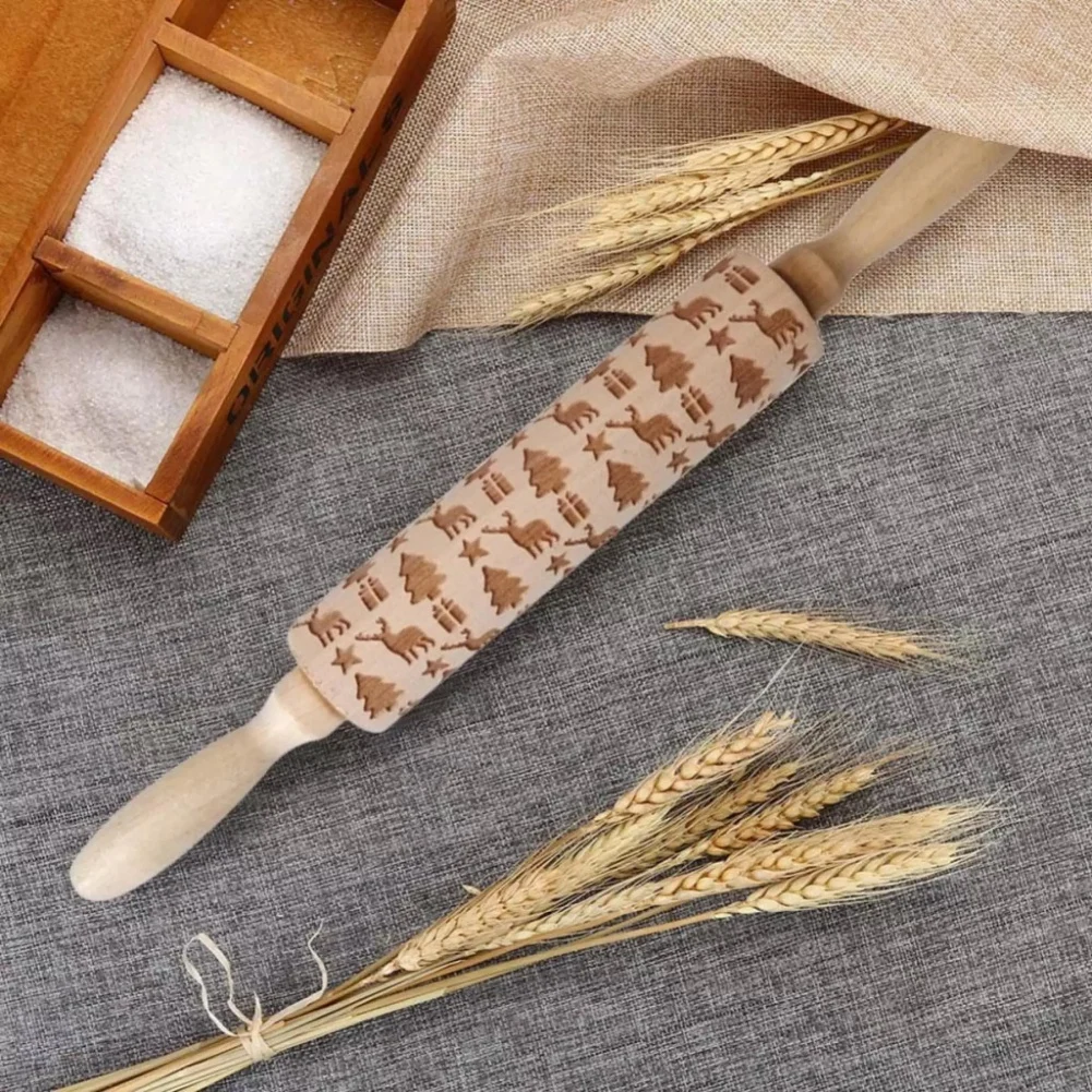 

Christmas Wooden 3D Rolling Pins Embossing Wood Carved Engraved Rolling Pin with Christmas Pattern for Baking Embossed Cookies