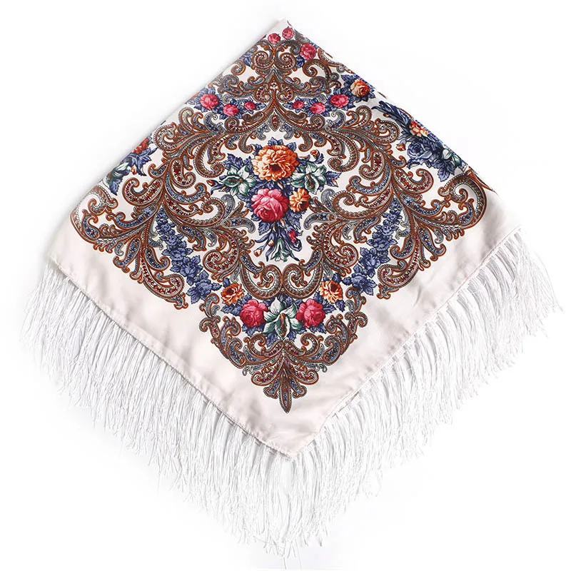 

90*90cm Russian National Scarf For Women Flower Cotton Print Shawl Bandana Handkerchief Lady Fringed Foulard Hijab Scarves