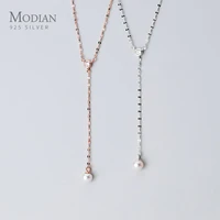 modian 925 sterling silver shiny zircon y shape elegant pearl pendant necklace for women rose color gold necklace fine jewelry