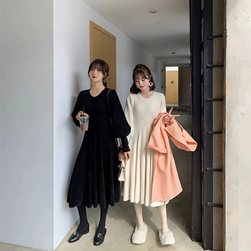 

New Autumn and Winter Thicken Long Sweater Dress Puff Sleeves Fall Knitted Imitation Mink Clothes for Women 2021