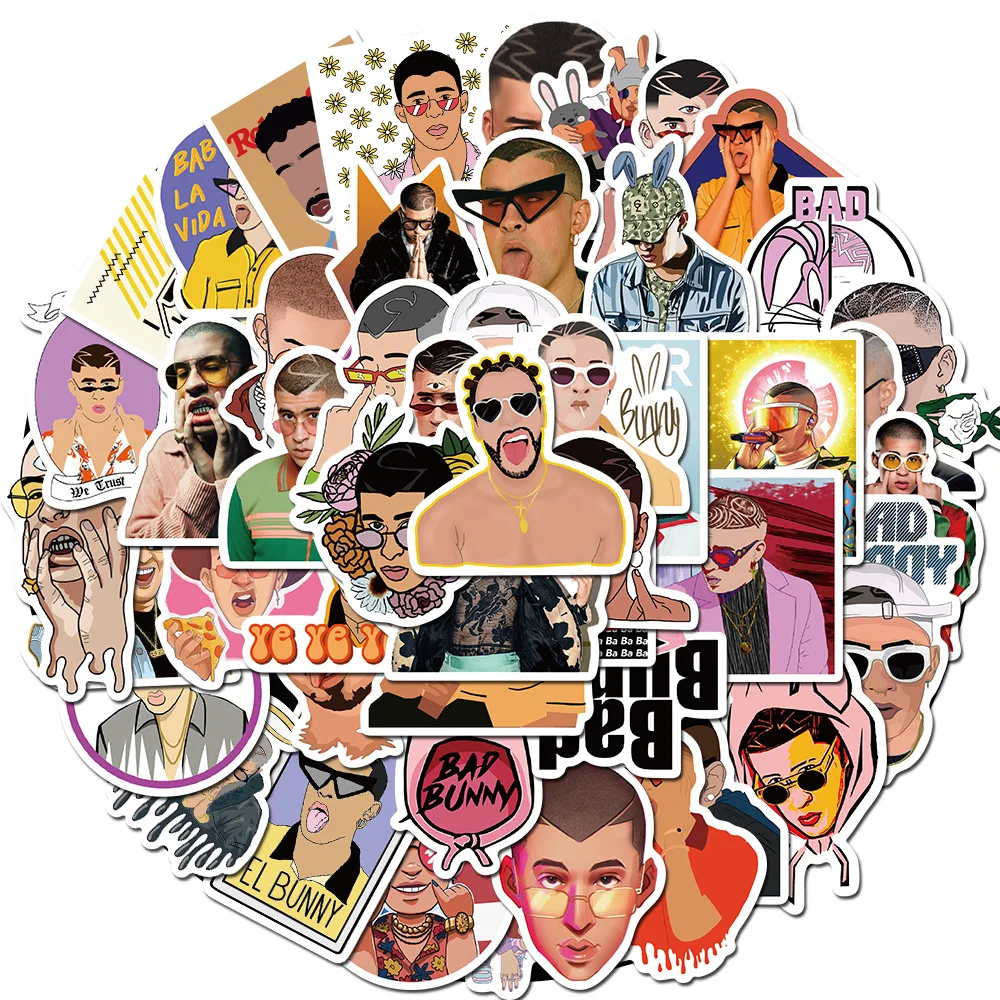 

50PCS Hot Puerto Rican Singer Bad Bunny Stickers PVC for Stationery Decal Motorcycle Skateboard Laptop Guitar Bike Cool Sticker