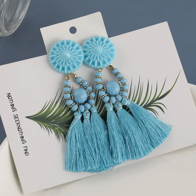 Light Blue Новые модные богемные серьги с кисточками для женщин из хлопка и шелка, длинные висячие серьги с бахромой, вечерние женские ювелирные изделия - Окраска металла: Light Blue