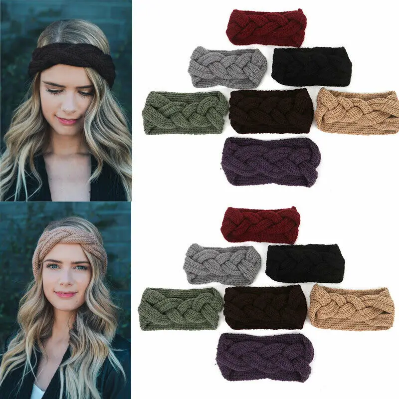 Women Ladies Winter Pretty Fashion Wool Cross Crochet Knitted Headband Solid Color Headbands Gray Black Khaki Purple |
