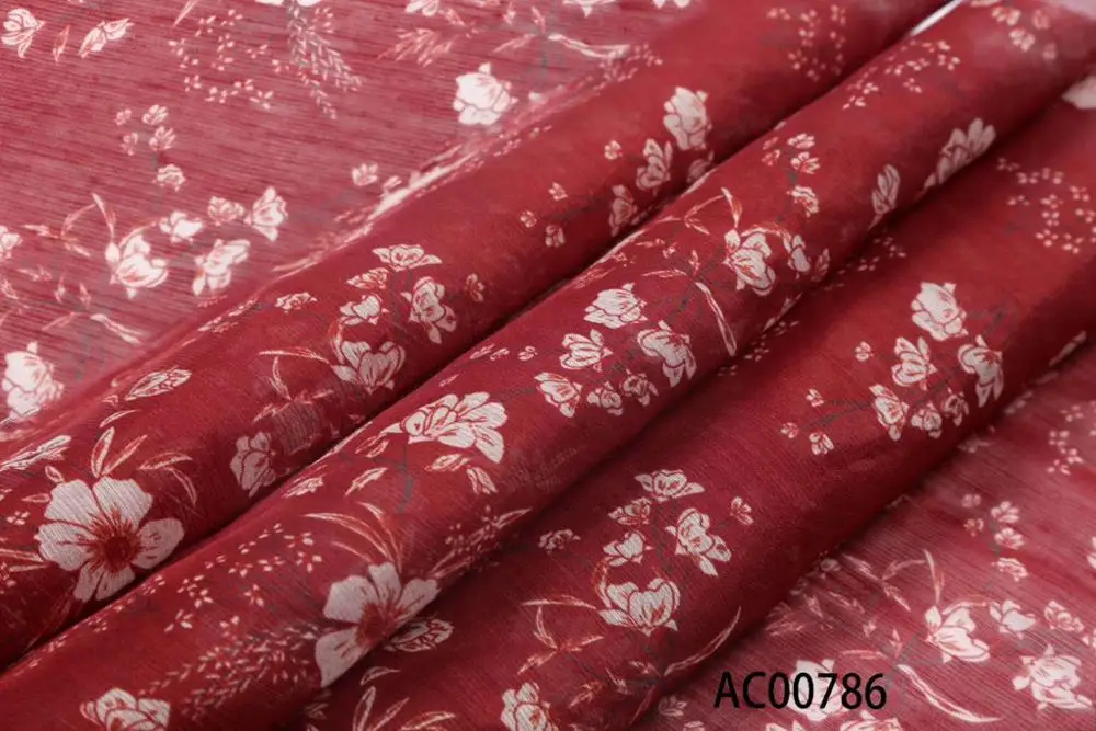 

silk linen fabric printed red color pattern for dress cheongsam
