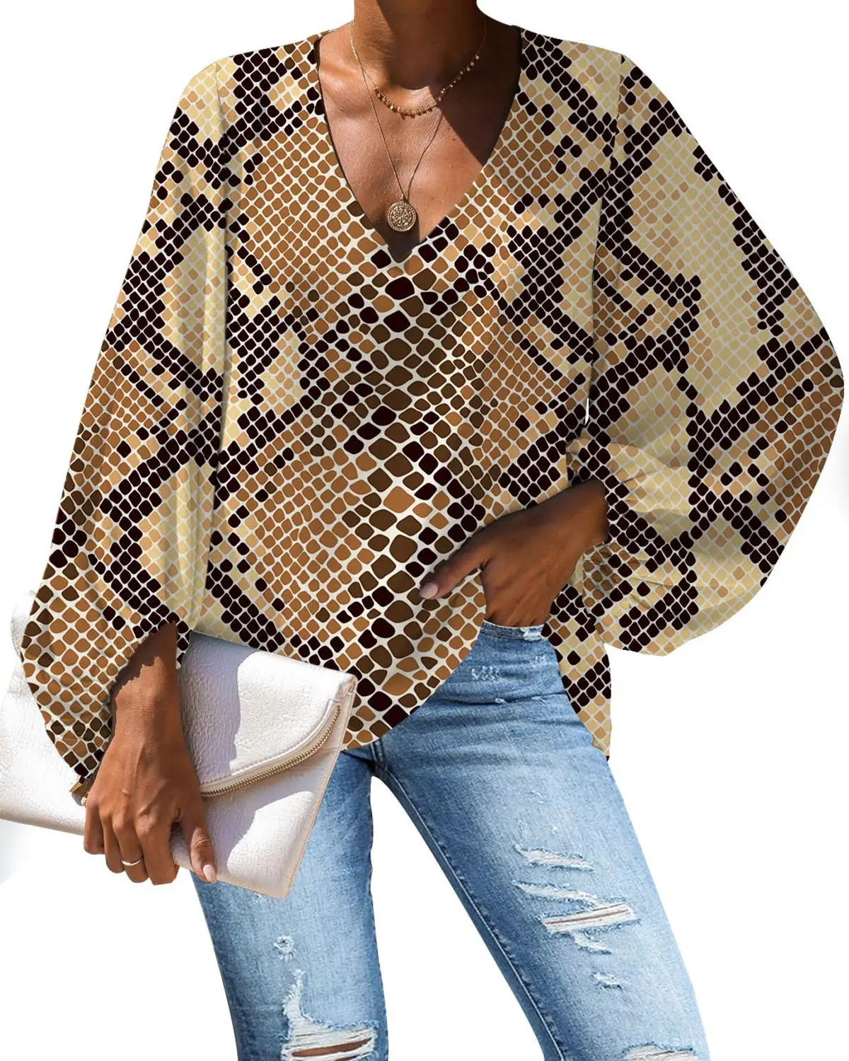 

Женская блузка со змеиным принтом, Повседневная Свободная рубашка большого размера с длинным рукавом и V-образным вырезом, 2021