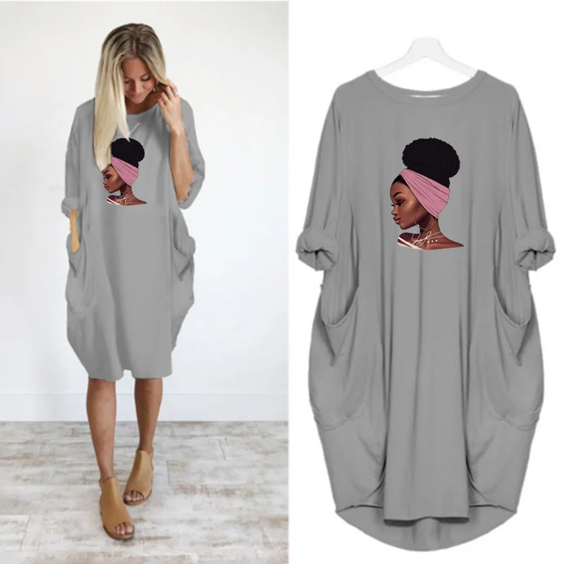 

Vintage Dress Women Loose Lady Print Long Sleeve Pocket o Neck Casual Autumn Midi Dresses Party Femme Robe Vestidos Streetwear