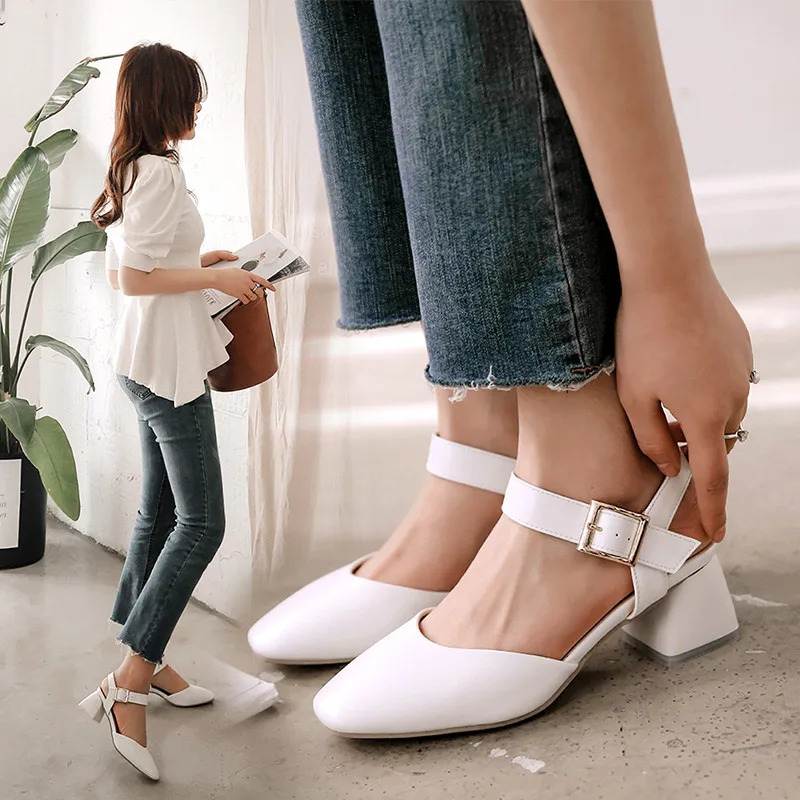 

YQBTDL 2020 New Arrival Womans Sandals Summer Woman Shoes High Heels White Blue Pink Closed Square Toe Daily Buckle Sandal 43 42
