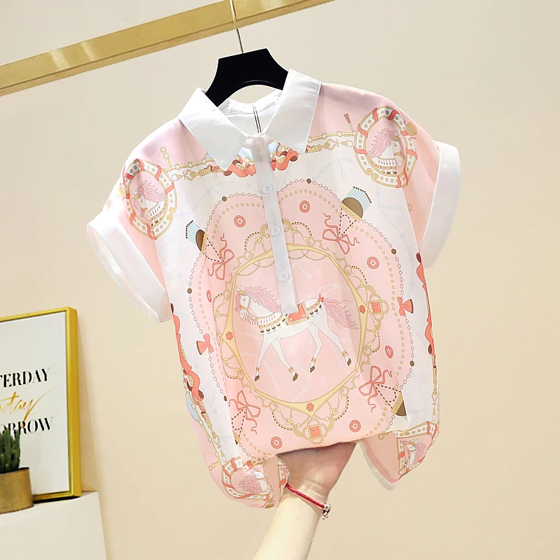 

2021 Summer New Western Cartoon Deer Print Chiffon Women Shirt Short-Sleeved Fashion Ladies Top Stand Collor Casual Blouses