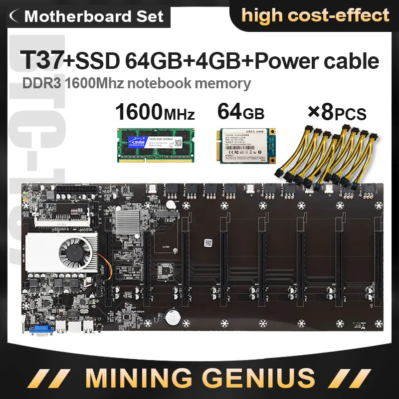 Bestellen Riserless Bergbau Motherboard 8 GPU Bitcoin Crypto Etherum Bergbau Set Mit 4GB DDR3 1600MHz RAM,1037U,64GB MSATA SSD,Power Kabel