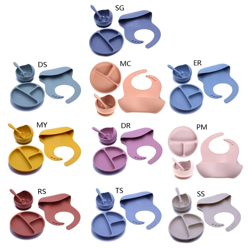 

4PCS/set Baby Feeding Tableware Food Grade Silicone Bowl Bib Plate Spoon Silicone Feeding Set BPA Free
