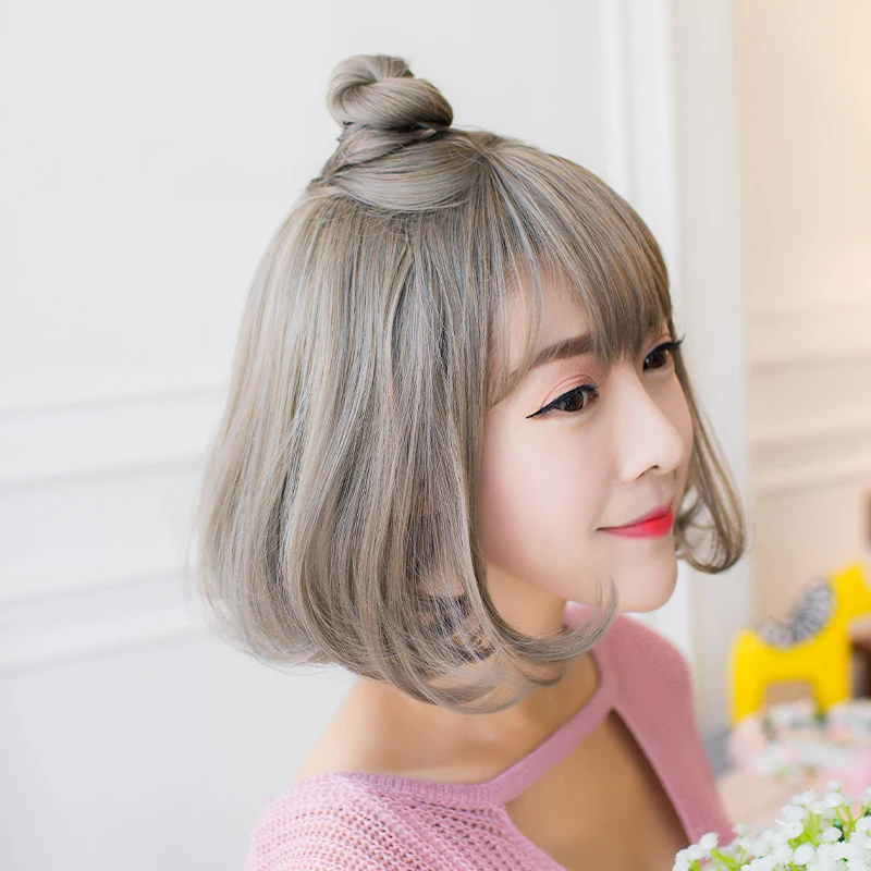 

AOOSOO Short Wigs Bob synthetic fake wig hair with bangs closplay pink extensions wigs for women black grey 25cm