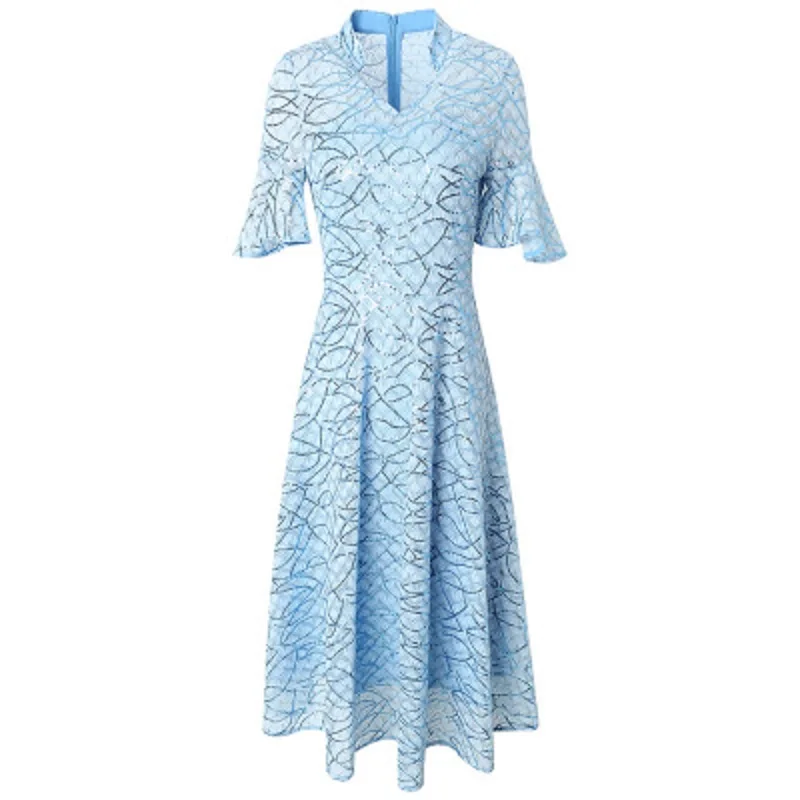 

print long dresses Fashion 2021 new Spring Women Short Sleeve Vintage dress XL Plus Size Empire Summer Clothing party Lace Dress