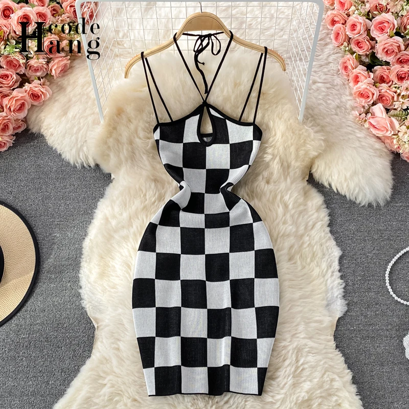 

HangCode Sexy Backless Sleeveless Halter Bodycon Mini Dress Women Brand Style Plaid Knit Sheath Dress Hot Club Party Dress