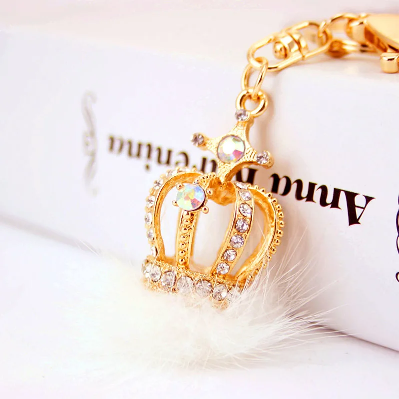 New Crown Crystal Rabbit Fur Ball Keyrings Prom Bag Keyfob Rhinestone Pendant Key Rings Chain for Women Christmas Gifts | Украшения и