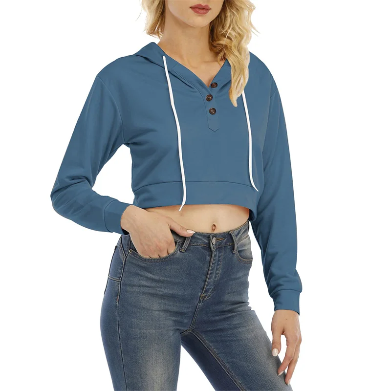 

Female Spring Autumn Loose Casual Pullover Crop Tops Solid Color Long Sleeve Hoodies with Buttons for Adults Women
