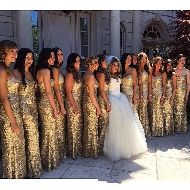 Popular Gold Sequined Sweetheart Bridesmaid Dresses,2015 Custom Made Formal Party Grown