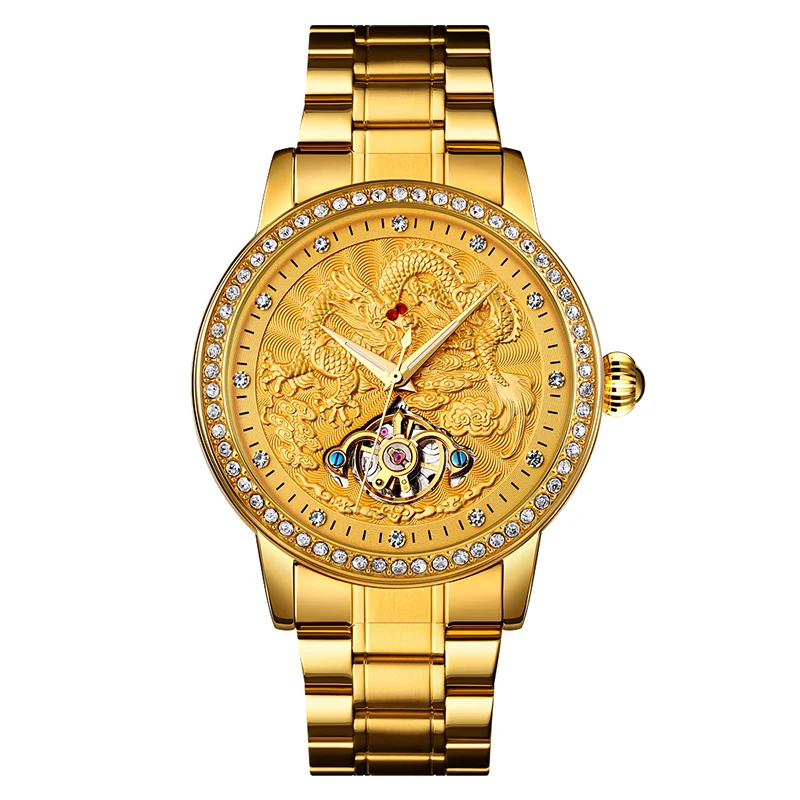 

Men's Watch Gold Color Automatic Waterproof Mechanical Movement Classic Dragon Totem Steel Belt Clock Relogio Masculino