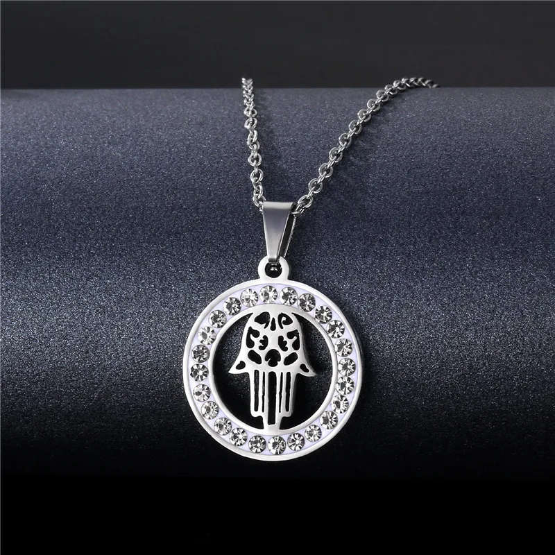 

Stainless Steel Hand of Fatima Necklace For Women Luck Palm Sweater Chains Necklace With Charms Zircon Hamsa Hand Jewelry Gift