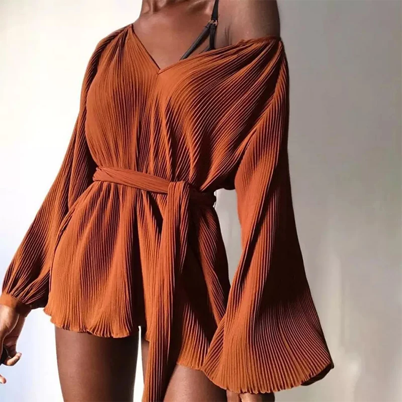 

2021 Spring Summer Sexy V-Neck Off Shoulder Jumpsuit Romper Lantern Sleeve Rib Loose Women Casual Belted Solid Party Playsuit