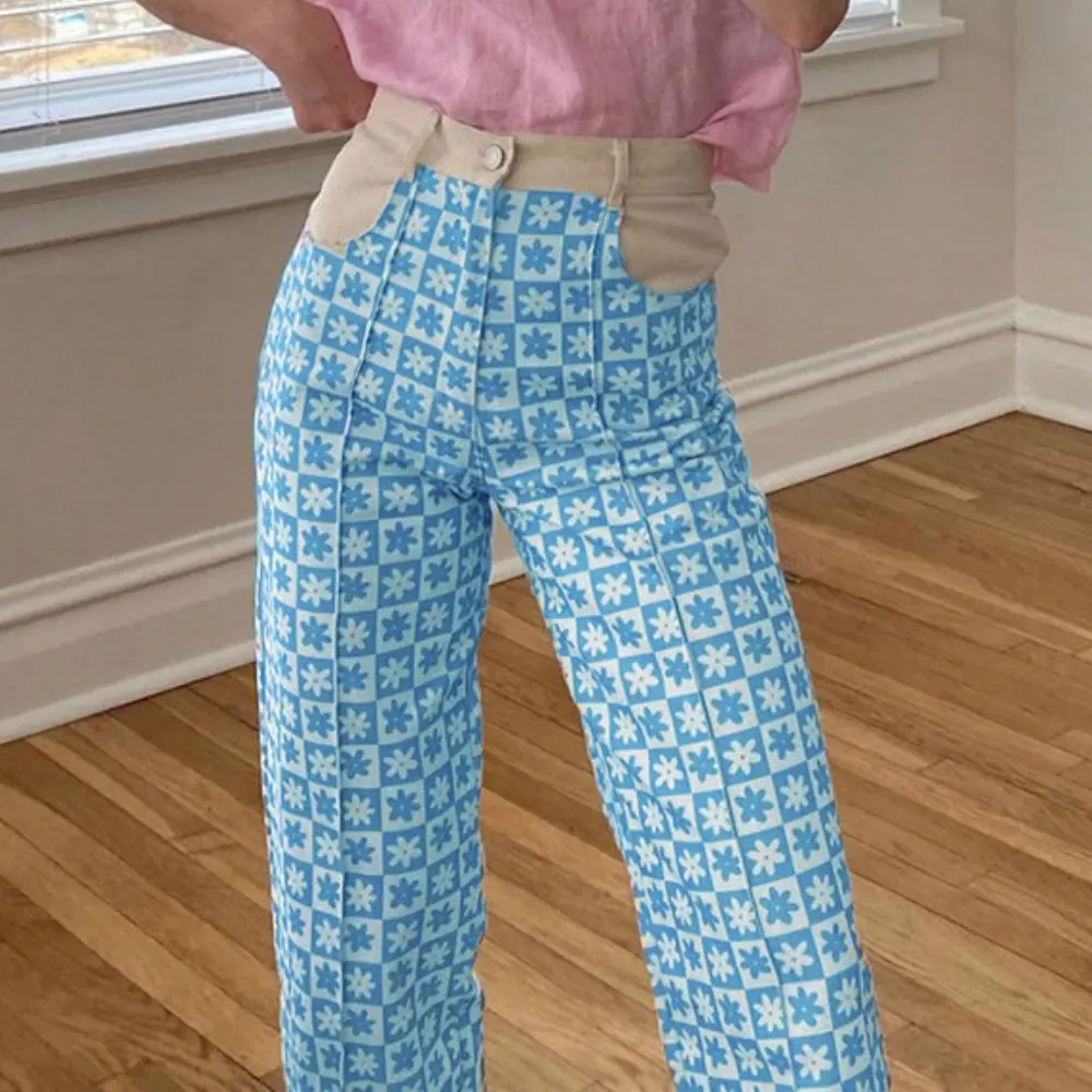 

ZOTTSOZ Fashion Vintage Floral Print Plaid High Waist Trousers Women Baggy Jogger Pants Harajuku Streetwear Straight Pants 2021