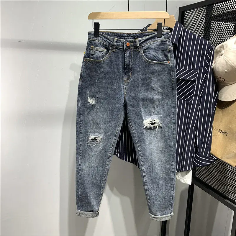 

Summer 2021 new style ripped patch student casual jeans men's fashion slim personality beggar teenager ankle length denim jeans