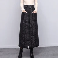 women long padded quilted skirt with belt winter zipper female bodycon skirts black warm pocket casual ladies bottoms