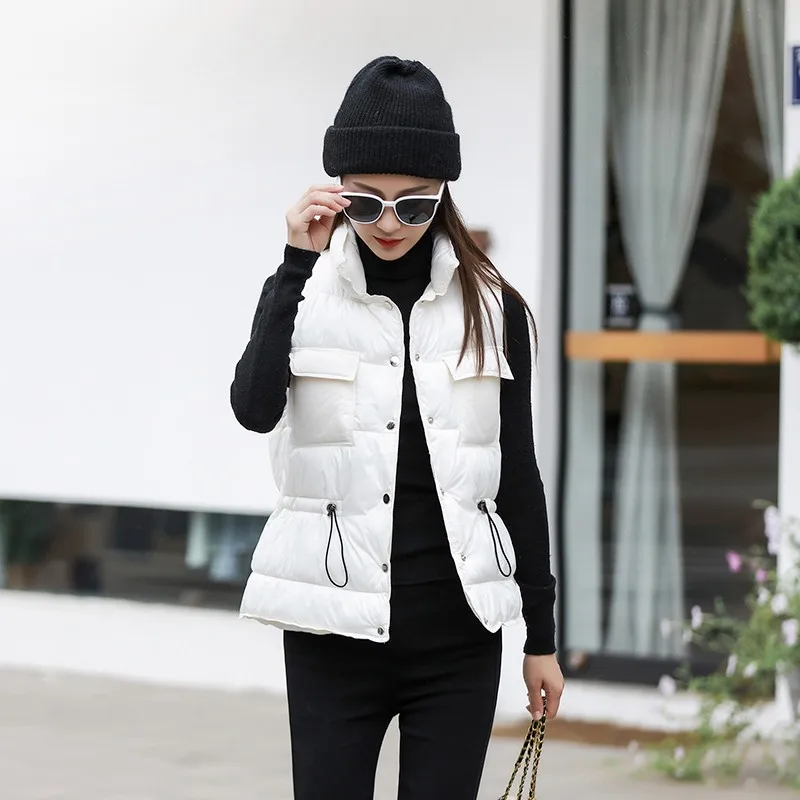 

2021 Solid Short Style Vest for Women Cotton Padded Women's Winter Sleeveless Jacket Buttons Stand Collar Casual Coats Plus Size