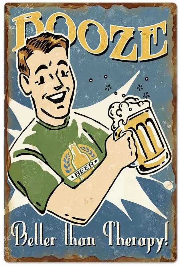 

Original Retro Design Beer Holder Tin Metal Wall Art Signs, Booze Beer Better Than Therapy, Thick Tinplate Print Poster for Bar/