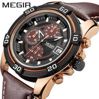 megir fashion mens business waterproof chronograph three eyes quartz watch brown leather strap calendar relogio masculino