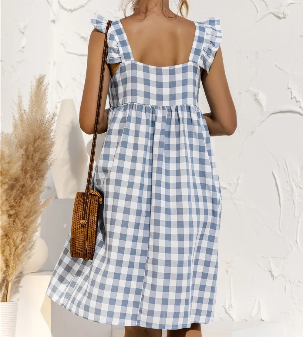 

Summer chess flying sleeves frilly ladies dress 2021 casual sleeveless square collar mini dress ladies beach vacation