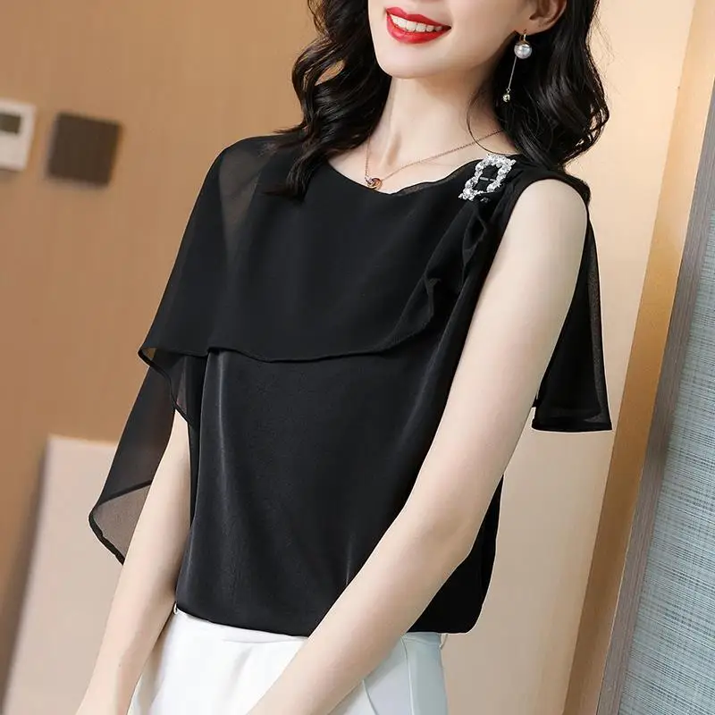 

Summer Women Shirts Chiffon Splice O-Neck Elegant Korean Style Casual Blouses Short Sleeve Losse Blusas Black Tops MM05789