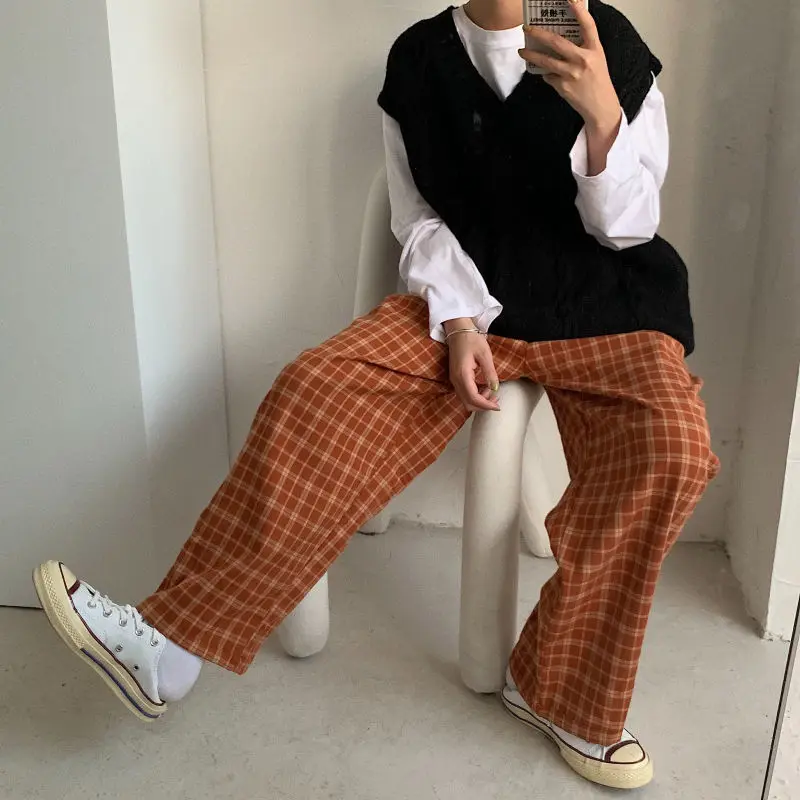 

Plaid Trousers Women Vintage Checkered Pants Korean Style Wide Leg Pants Women Summer Blue Yellow Harajuku Oversized Trousers