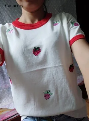 

Strawberry Print T-shirt Summer Short-sleeved Ice Silk Sweater Women's Thin Section 2021 New Top Korean Loose Round Neck T-shirt