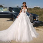 Платье Свадебное ТРАПЕЦИЕВИДНОЕ с круглым вырезом, длинным рукавом и цветочным 3D кружевом