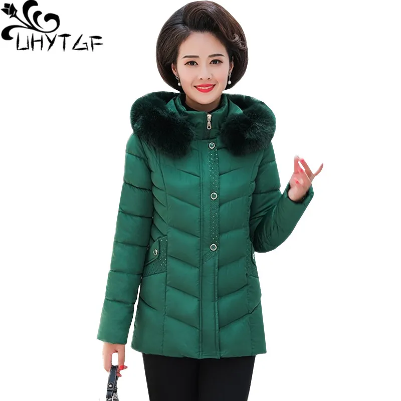 

UHYTGF Woman parka down jacket winter coat female Fashion hooded fur collar short tops outerwear thick warm plus size coats 1014