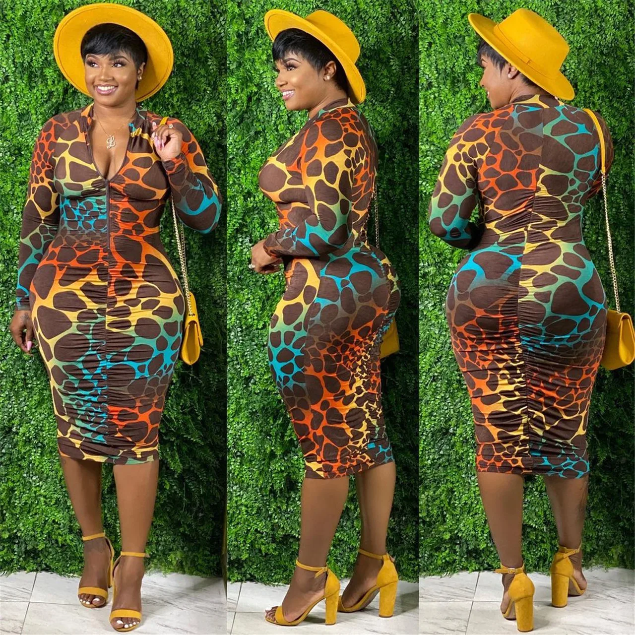 

Colorful Animal Pattern Women's Dress Sexy Long-sleeved Pleated Dress Zipper V-neck Tight Bandage Dresses Fashion Streetwear