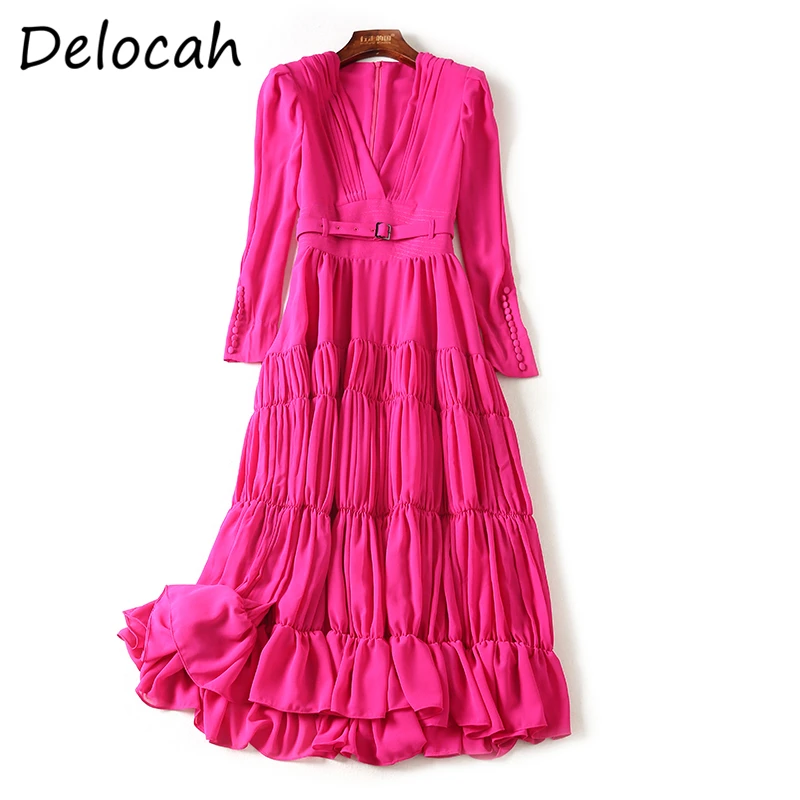 

Delocah 2021 New Spring Women Fashion RunwayParty A-Line Dress Long Sleeve High Waist Ruffles Black Printed Ladies Long Dresses