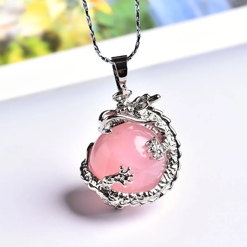 Rose Quartz 1 шт. натуральный Кристальный Дракон шар пара кулон минеральные ювелирные изделия Guardian благородная Мода кулон ожерелье DIY подарок ювелирные изделия - Цвет: Rose Quartz
