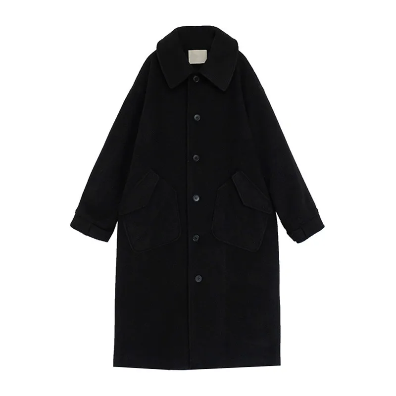 

Women Winter Korean Style Black Long Wool Blend Trench Coat 2020 Ladies Fashion Windbreaker Clothes Vintage Overcoats Outerwear