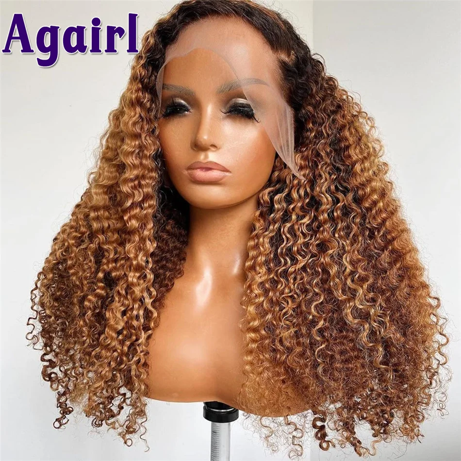 Ombre 27 Ombre Brown Colored Curly Human Hair Wigs 13x4 Lace Frontal Wig Brazilian Kinky Curly Lace Front Wigs PrePlucked Agairl