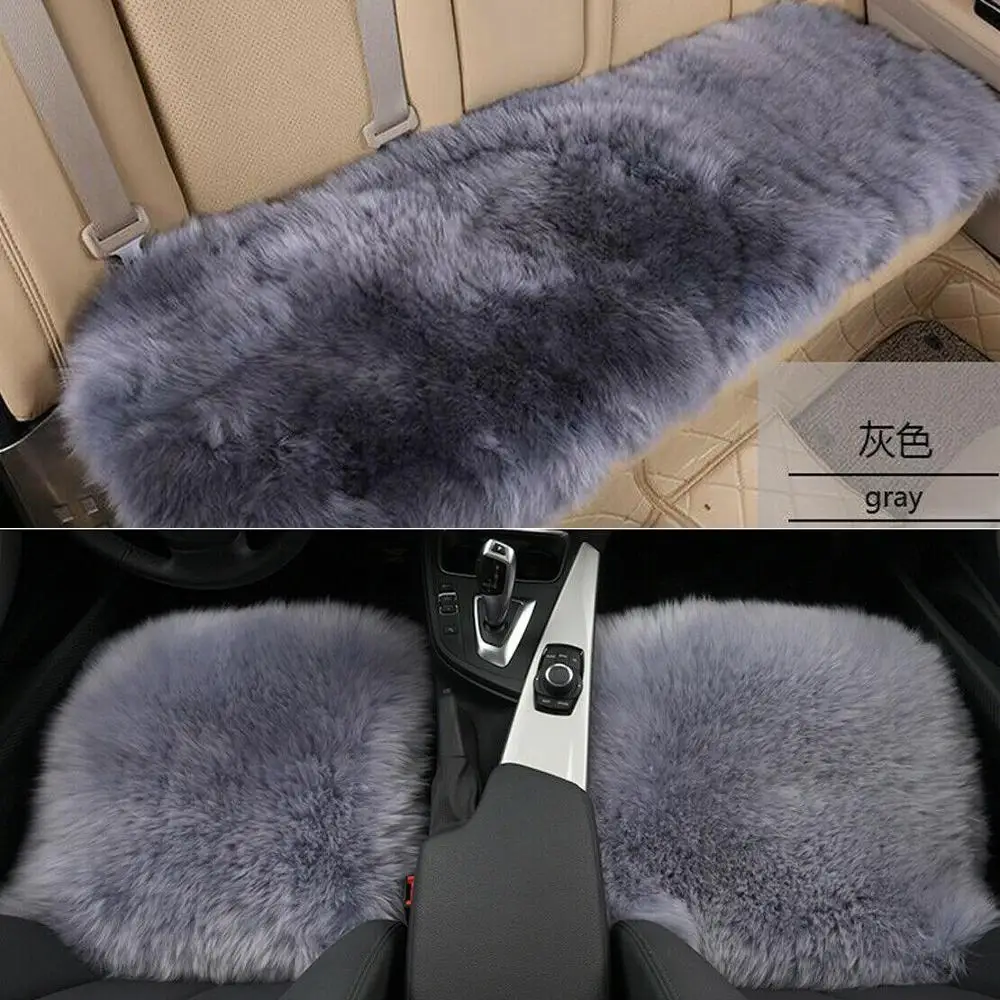 

EIDRAN Grey Sheepskin Seat Cushion Cover Winter Warm Natural Wool Car Seat Covers Universal Fit for Most Car