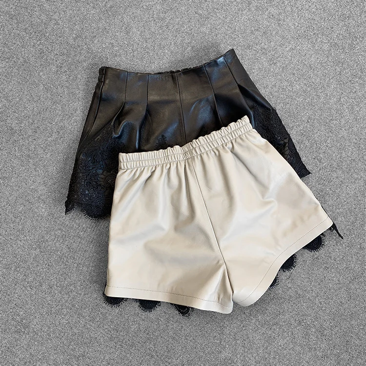Spring Autumn 2021 fashion women's lace genuine leather shorts B783