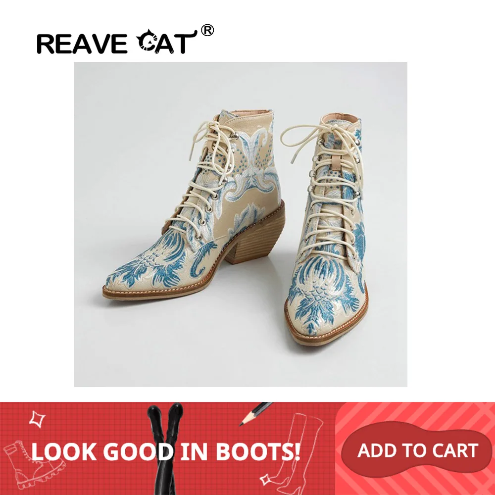 REAVE CAT/2020 г. ботинки с вышивкой в стиле ретро женские ботильоны на квадратном