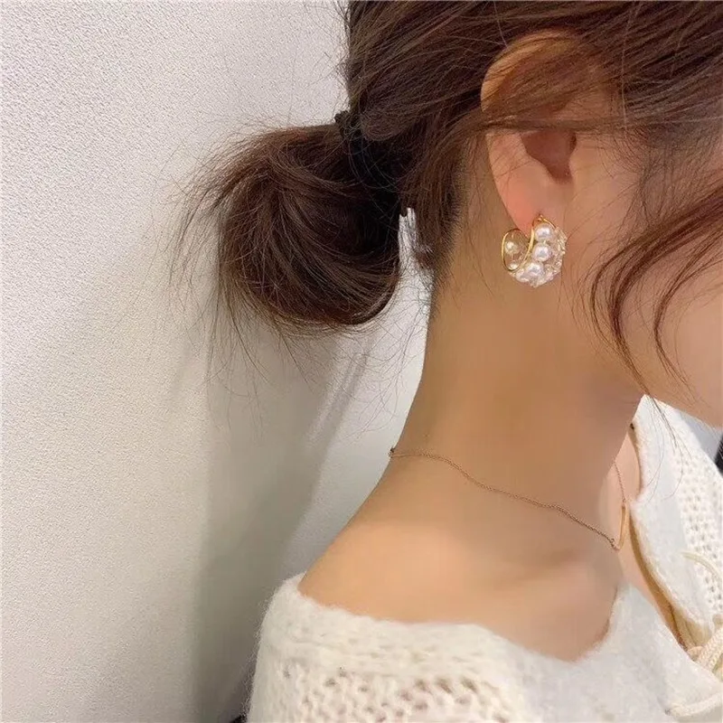 MENGJIQIAO корейские новые серьги-кольца с искусственным жемчугом для женщин трендовые C образные Кристальные круглые ювелирные изделия Букле д 'Орель