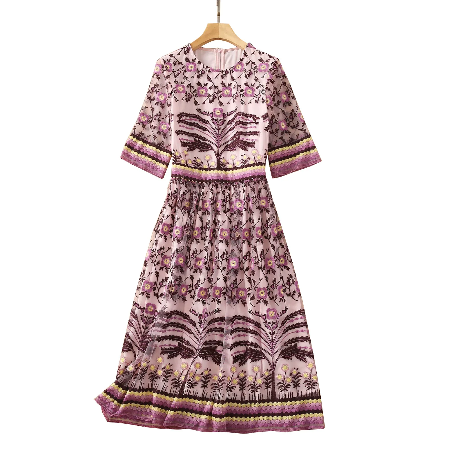 

2021 spring and summer new women's round neck short sleeve purple flower heavy industry embroidery medium length dress