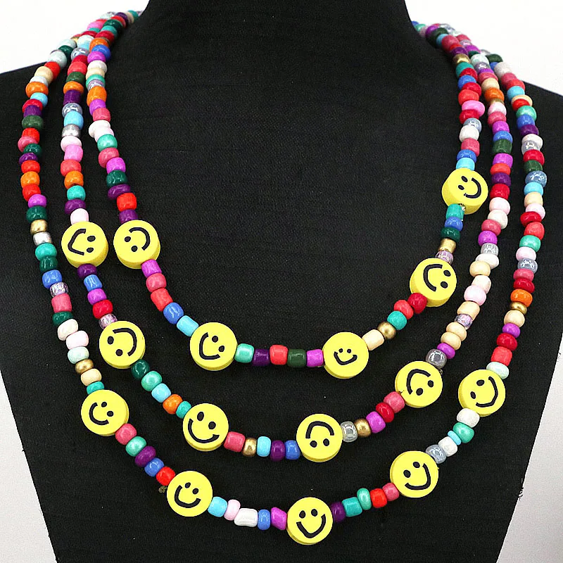 

3Pcs, Women girls popular Rainbow Color Smile Face Necklace Cute Fashion Colorful Beads Choker Boho Jewelry Gifts